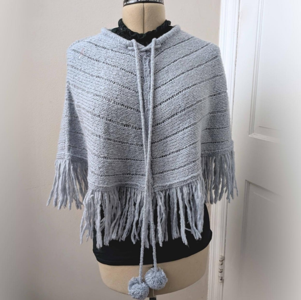 vintage y2k knit light blue fringed sweater poncho by SO